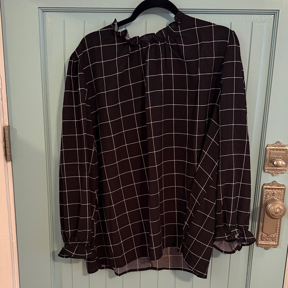 Black Windowpane Ruffle-Neck Blouse